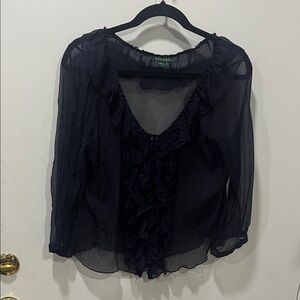 Lauren Ralph Lauren Navy Sheer Ruffle Blouse